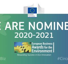 infographie avec texte : logo European Commission. "WE ARE NOMINEES 2020-2021. European Business awards for the environment. Rewarding success in Eco-Innovation. #EUGreenBiz #CirculardEconomy