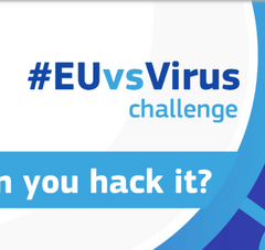 bannière de l'Hackathon Europe avec texte : "#EUvsVirus challenge, can you hack it ?"