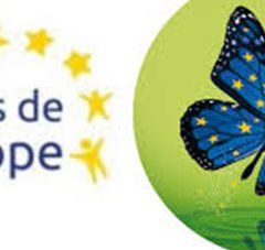 affiche avec texte : le mois de l'Europe + un papillon dans un médaillon