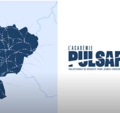 carte de la Région des Pays de la Loire et logo "L'académie Pulsar, trajectoires de réussite pour jeunes chercheurs", logo de la Région des Pays de la Loire