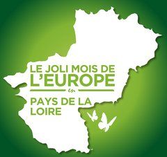 La forme de la Région Pays de la Loire se découpe en blanc sur un fonds vert avec un texte au centre : LE Joli Mois de l'Europe en Pays de la Loire