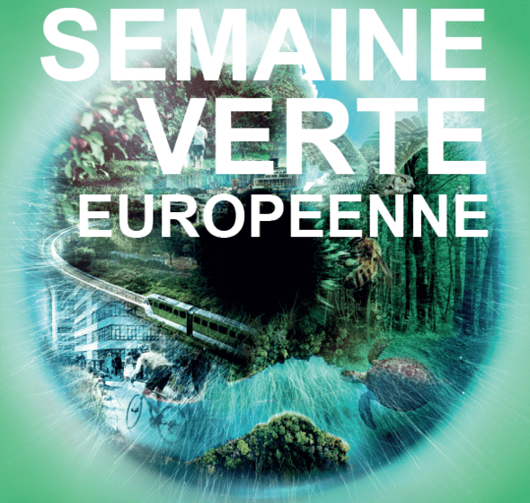 Affiche Angers Semaine européenne verte : du 7 au 23 octobre 2020 - affiche de couleur verte avec illustrations tortue cycliste train
